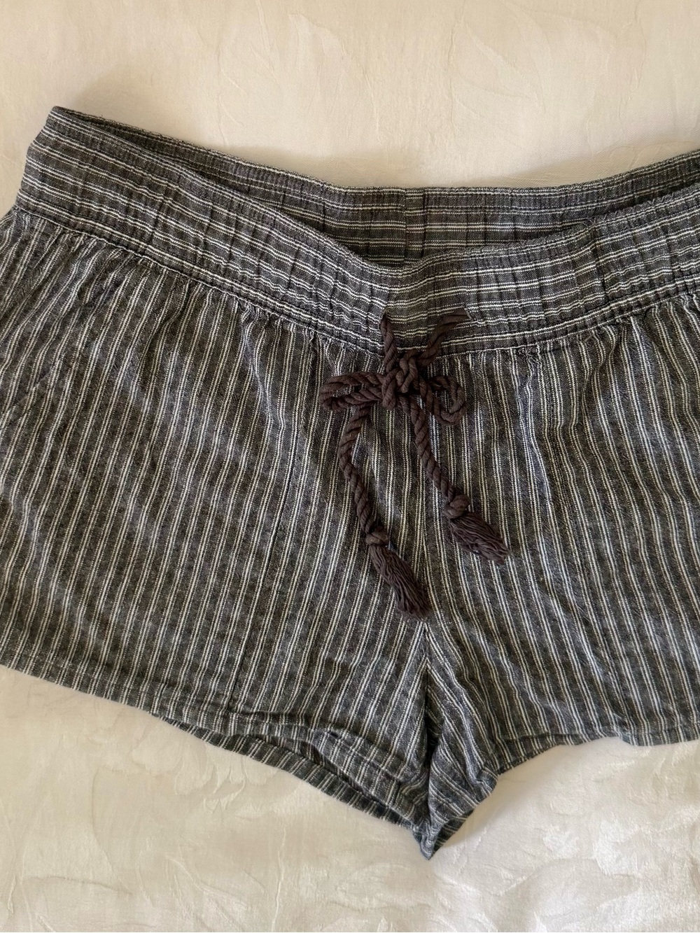 Shaka Kai ~ Striped Drawstring Linen-Blend Shorts - Gray and white
